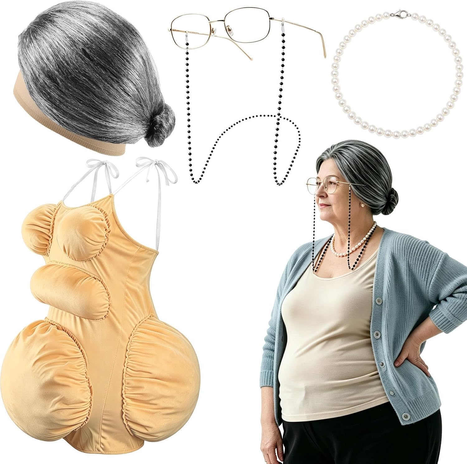 Pearl Necklace Set - Fat Old Lady Costume Set Fake