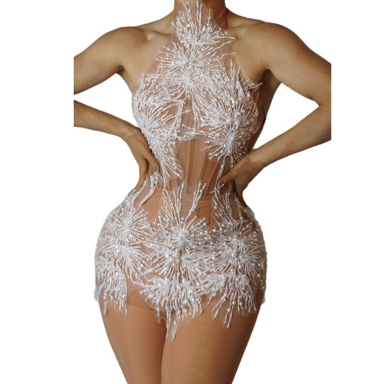 Woman Formal Wear - Sparkly Rhinestones Pearls Snow Short Dress