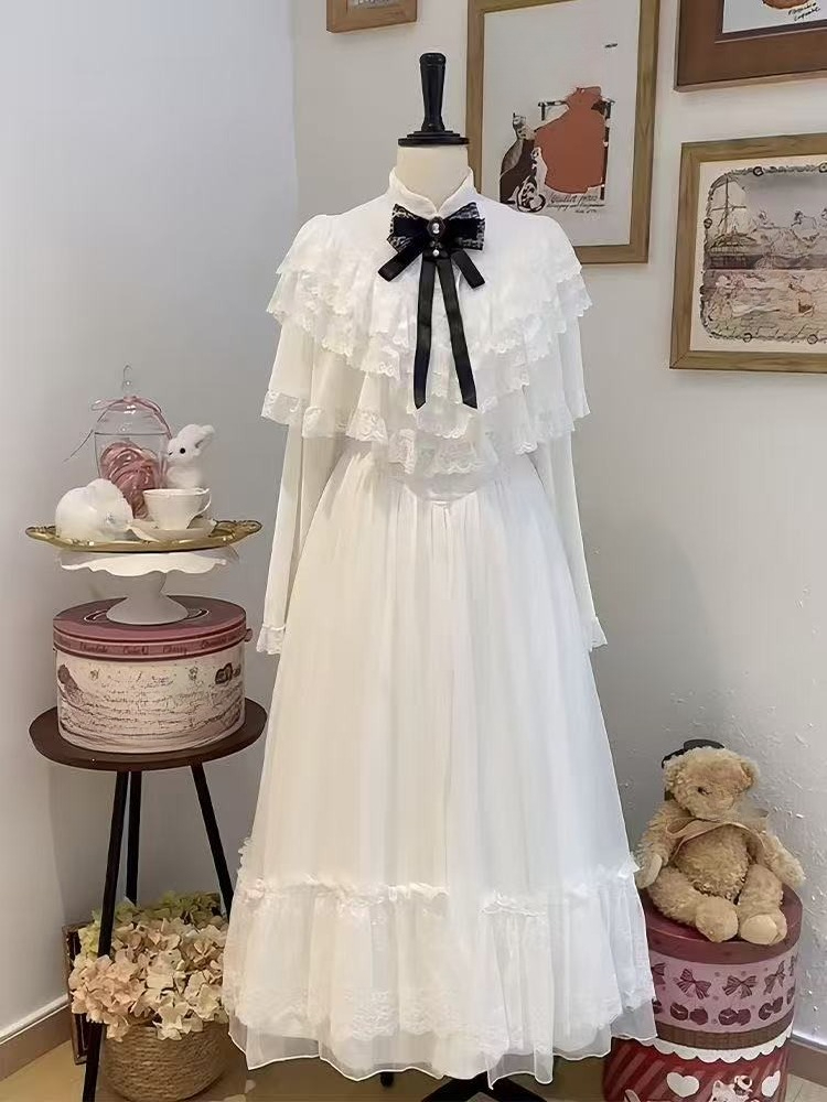 Woman Formal Wear - Japanese Short Sleeve Bow Lace Dress