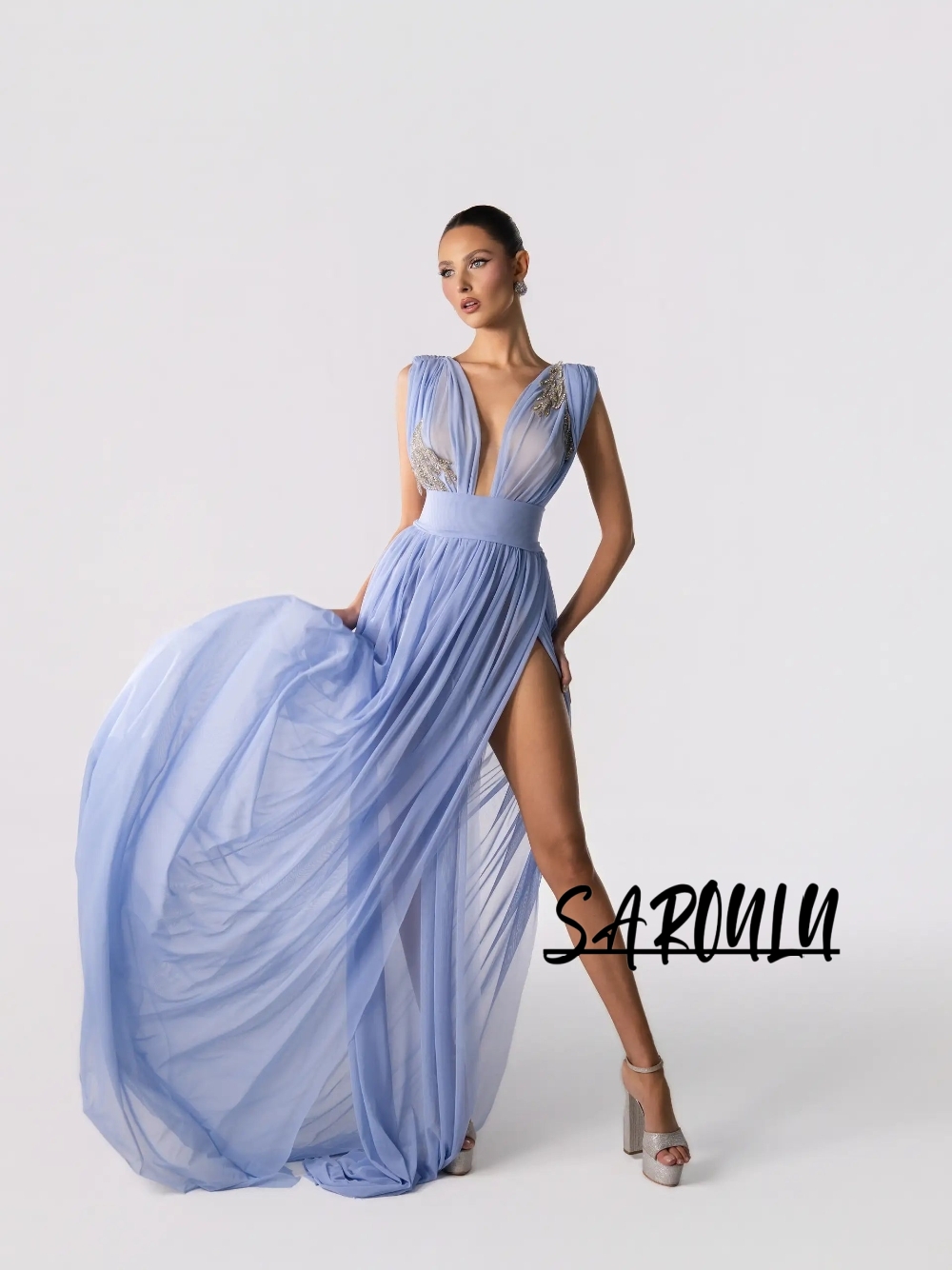 Formal Gala Wear Women - Light Blue Sexy Deep V Neck