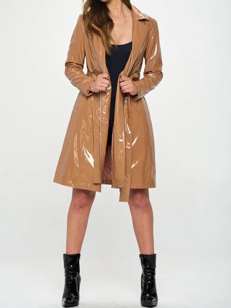 Women Shiny Faux Leather Tie U - Trench Coat Formal review and price