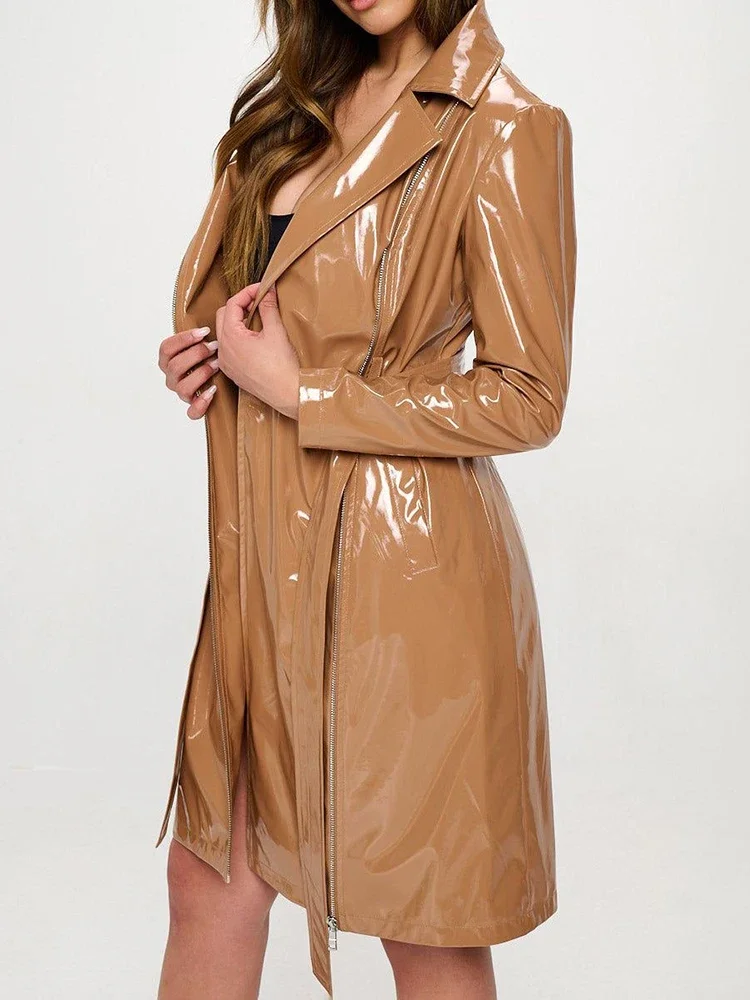 Women Shiny Faux Leather Tie U - Trench Coat Formal review and price